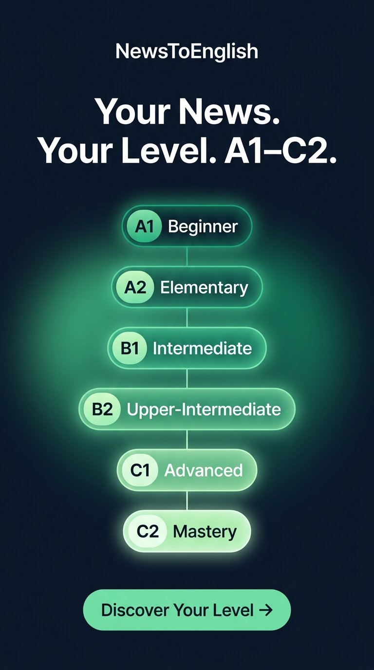 NewsToEnglish: Your News. Your Level. A1–C2. Read authentic world stories calibrated to your exact level.